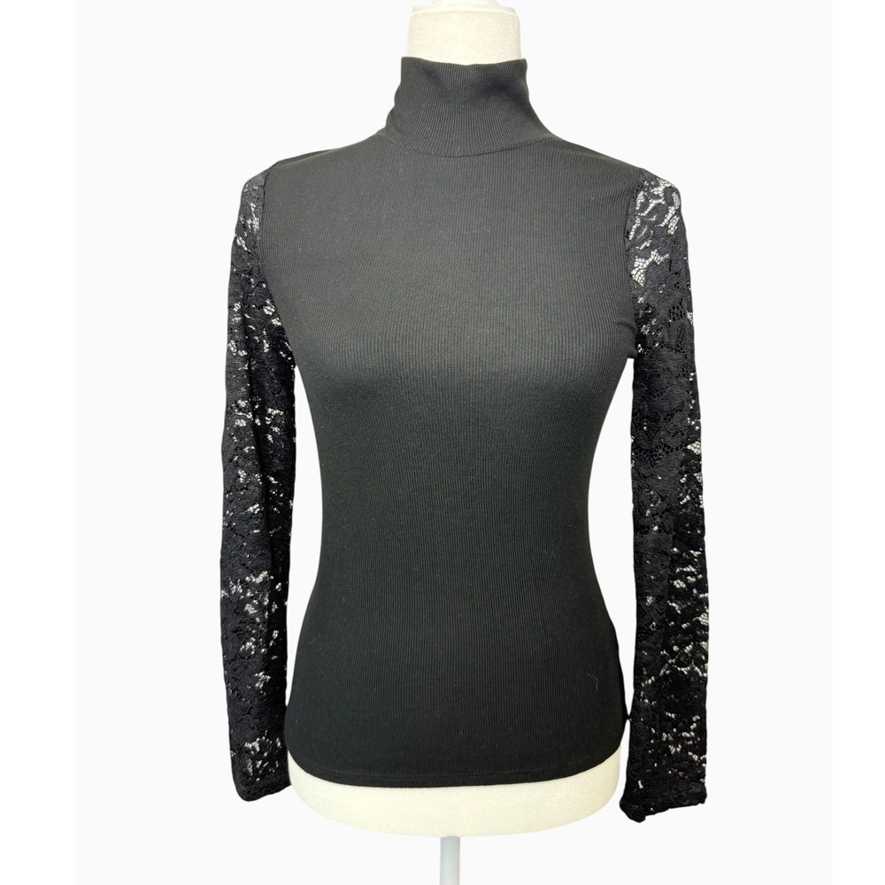 Paige Women's S Black Ribbed Turtleneck Lace Sleeve Stretch Top